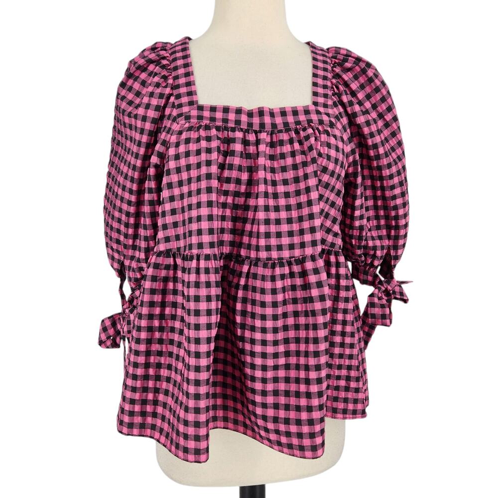TopShop Feminine Gingham Checkered Blouse Puff Bow Sleeves Black Pink Size 2